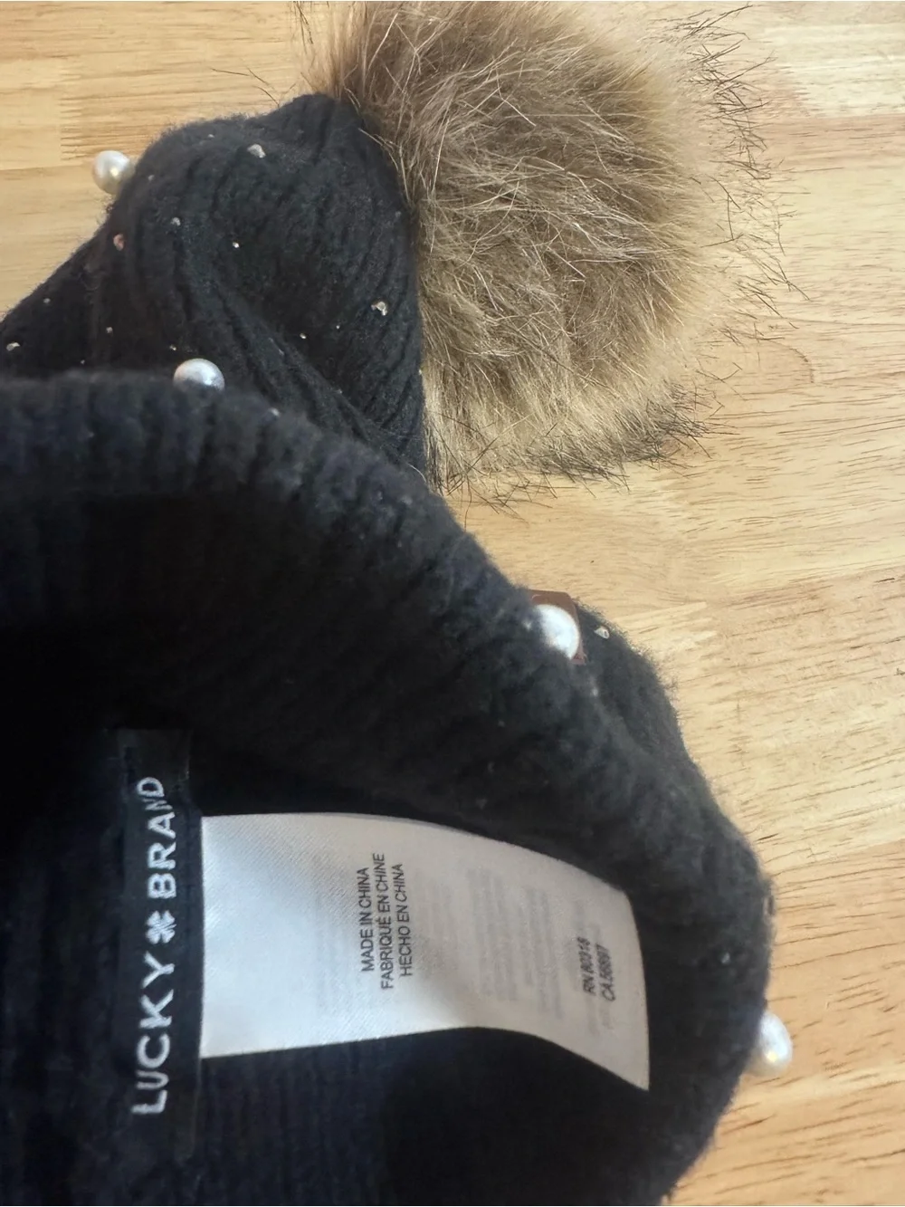 Lucky Brand Cute Girly Black and Pearls Puff Beanie